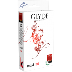 Glyde Ultra «Maxi Red» 10 red XL condoms, certified with the Vegan Flower