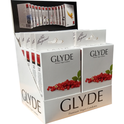 Glyde Ultra «Slimfit Strawberry» 10x10 tight strawberry condoms, certified with the Vegan Flower, value pack