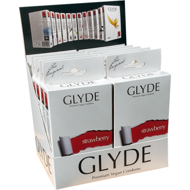Glyde Ultra «Strawberry» 10x10 red condoms with strawberry flavour, certified with the Vegan Flower, value pack