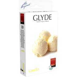 Glyde Ultra «Vanilla» 10 yellow condoms with vanilla flavour, certified with the Vegan Flower