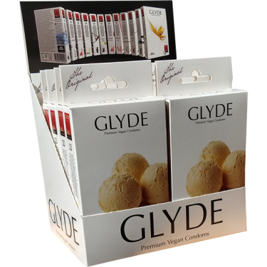 Glyde Ultra «Vanilla» 10x10 yellow condoms with vanilla flavour, certified with the Vegan Flower, value pack