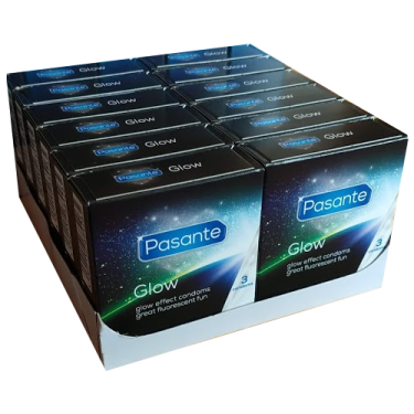 Pasante «Glow» (value pack) 12x3 fluorescent condoms with green glowing effect