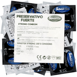 Sensitex «Extra Fuerte» (Extra Strong), 100 extra strong and vegan condoms from Spain, bulk pack