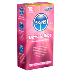 Skins «Dots & Ribs» 12 ribbed-dotted condoms made of crystal clear latex - without latex smell