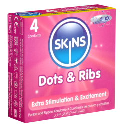 Skins «Dots & Ribs» 4 gerippt/genoppte Kondome aus kristallklarem Latex - ohne Latexgeruch
