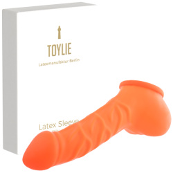 Toylie Latex Penis Sleeve «FRANZ» neon orange (glow effect), with strong veins and molded scrotum
