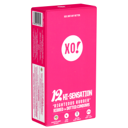 XO! «HI-Sensation» 12 stimulierende, vegane Kondome mit Rippen und Noppen - biologisch abbaubar