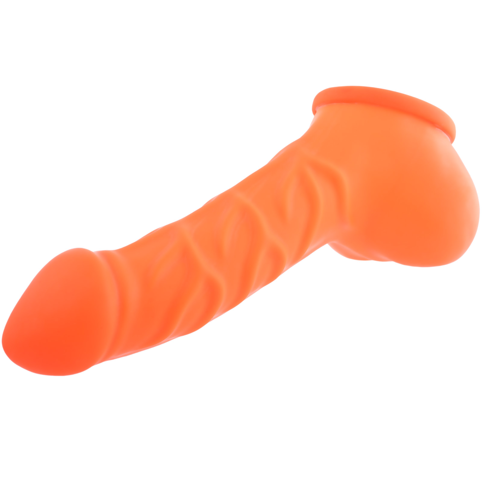 Toylie Latex Penis Sleeve «FRANZ» neon orange (glow effect), with strong veins and molded scrotum