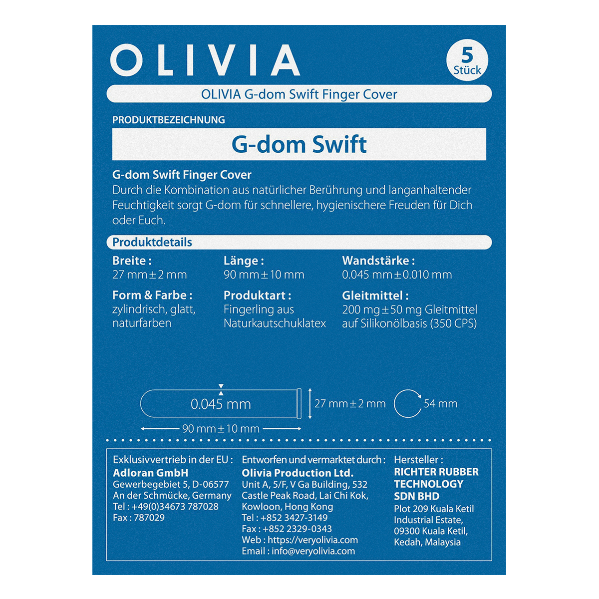 Olivia «G Dom Swift» 5 Fingerkondome mit Ekstase-Gel