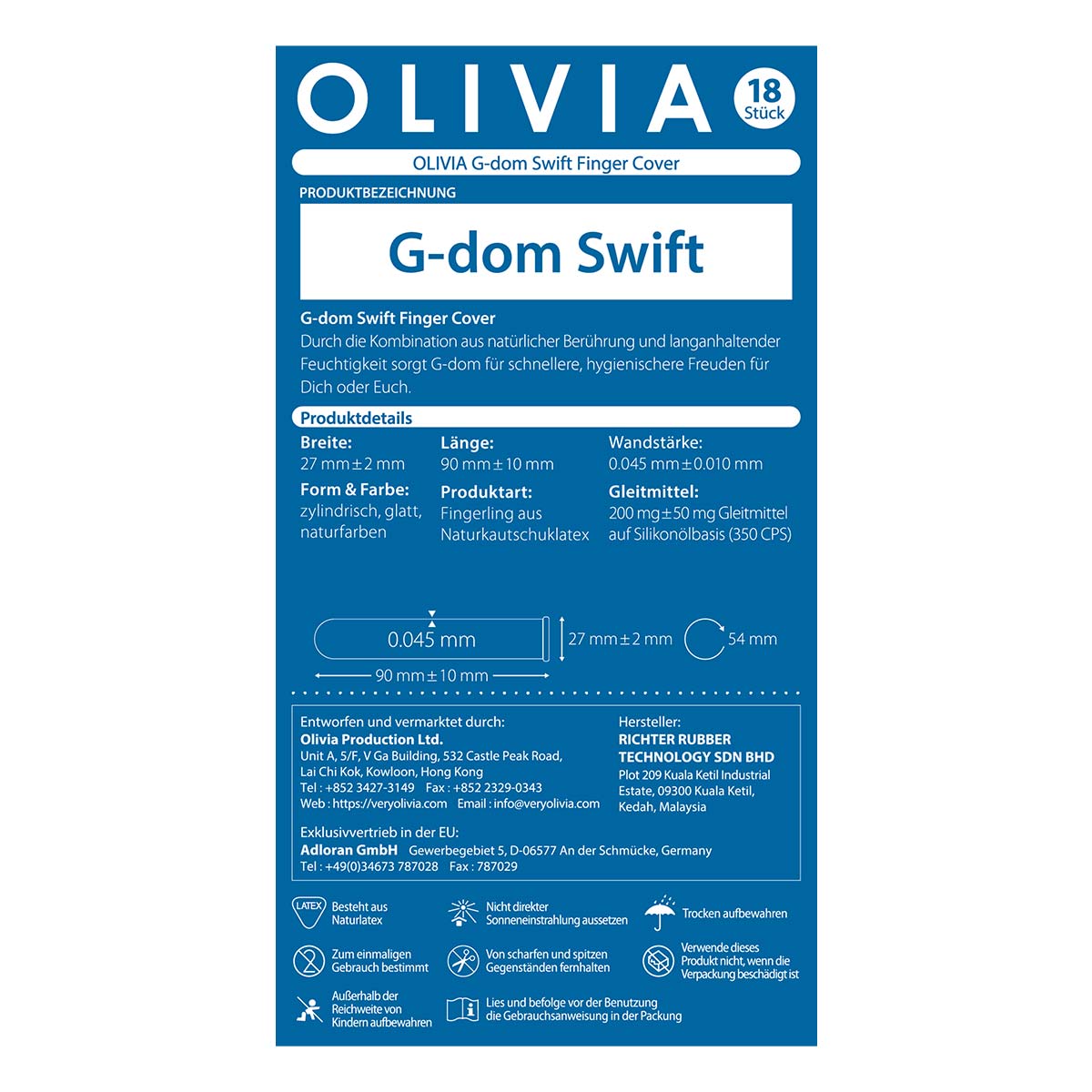 Olivia «G Dom Swift» 18 Fingerkondome mit Ekstase-Gel