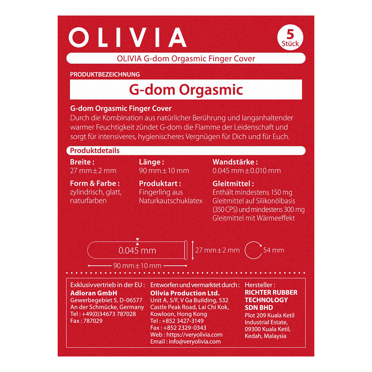 Olivia «G Dom Orgasmic» 5 wärmende Fingerkondome mit Orgasmus-Gel