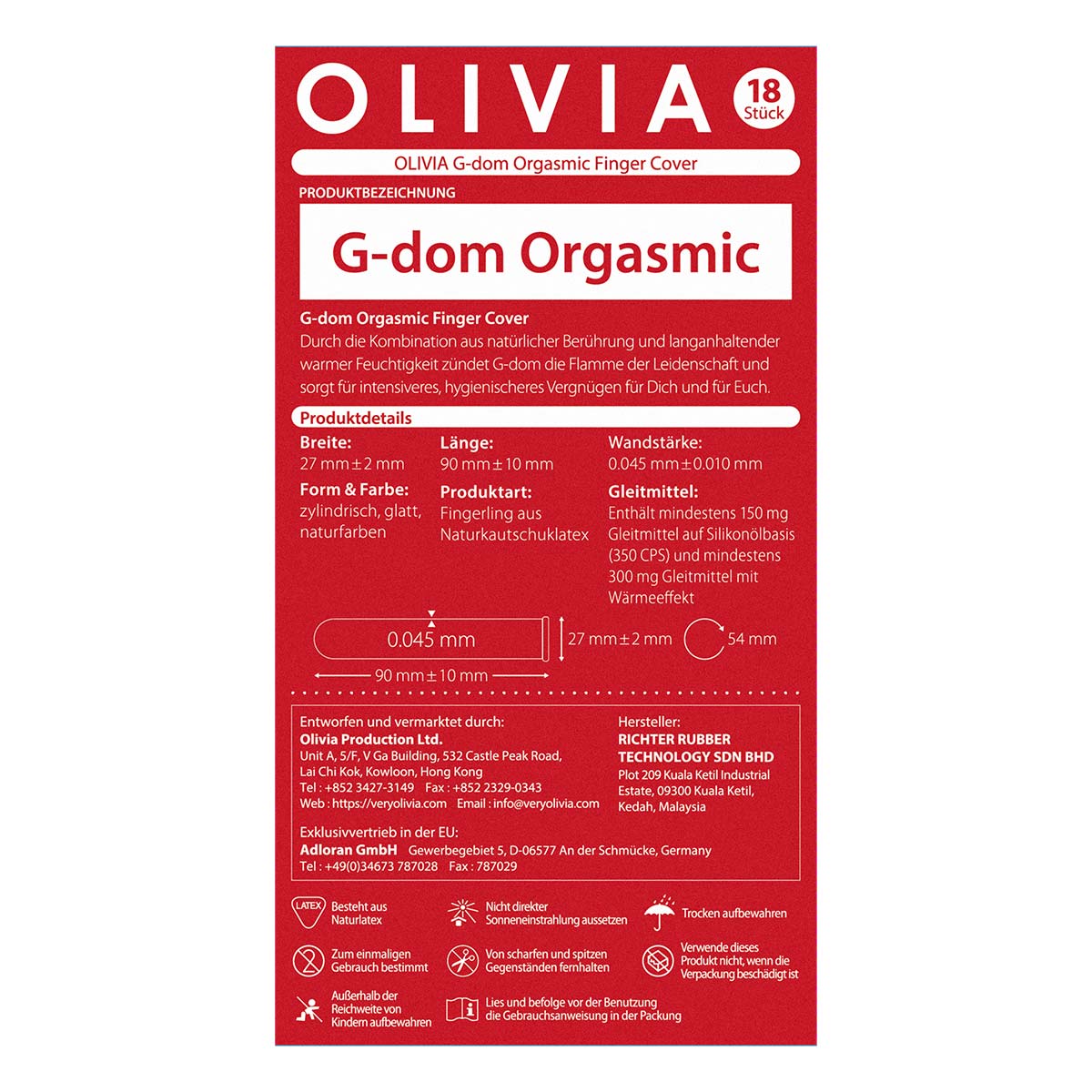 Olivia «G Dom Orgasmic» 18 wärmende Fingerkondome mit Orgasmus-Gel