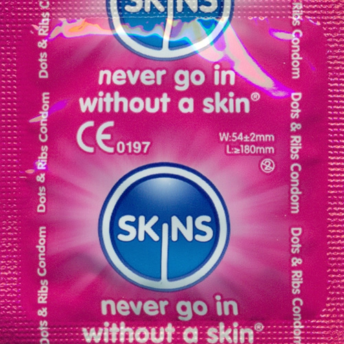 Skins «Dots & Ribs» 12 ribbed-dotted condoms made of crystal clear latex - without latex smell