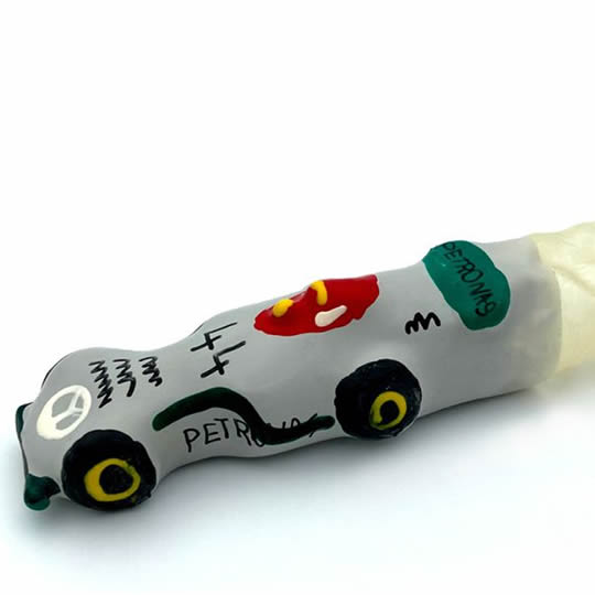 XL novelty condom with figure «Racing Car (grey)», 1 piece, hand-painted