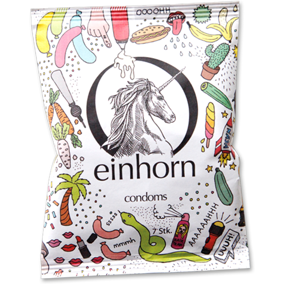 Einhorn Condoms: 7 vegane Kondome in der Chipstüte, Motiv «Penisgegenstände»