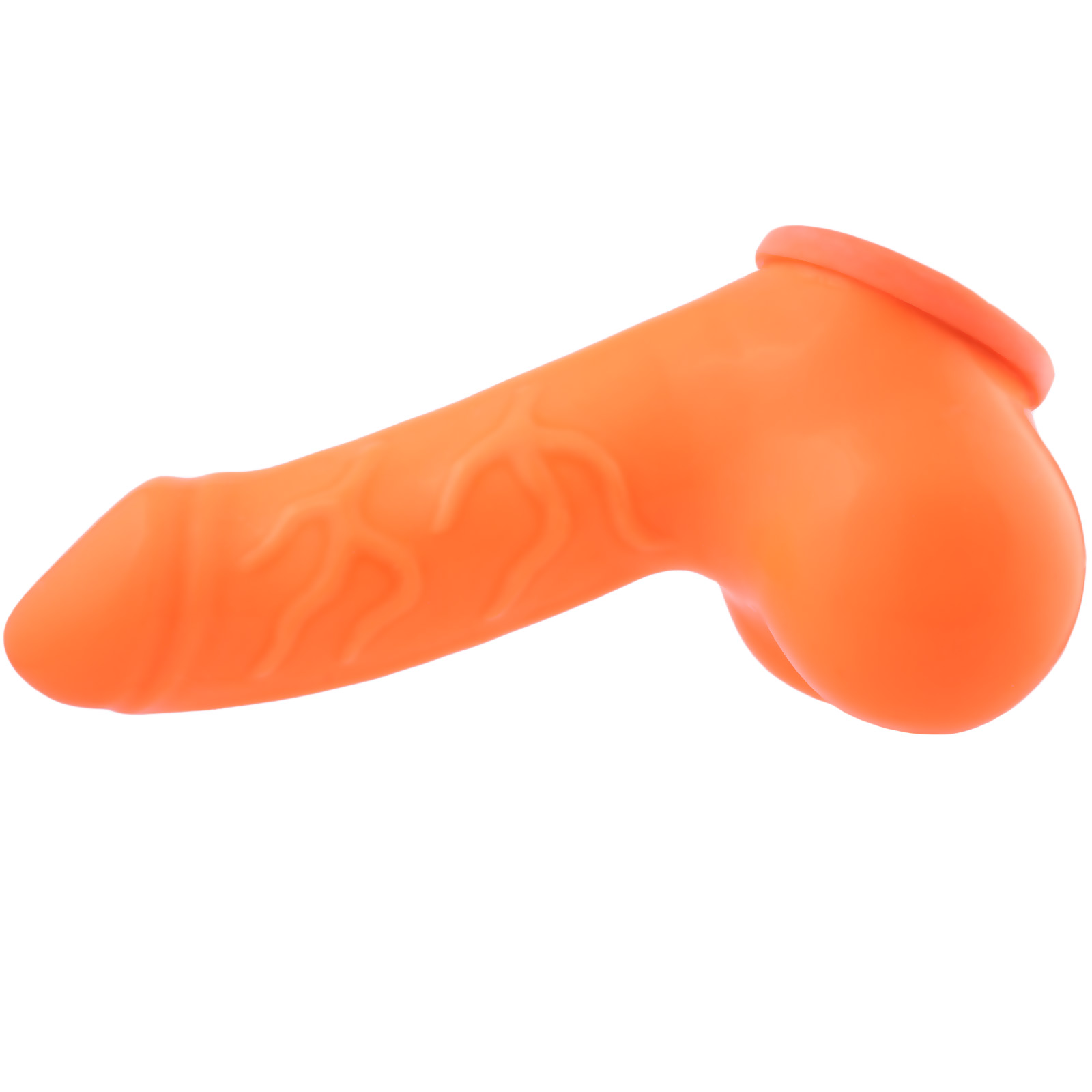 Toylie Latex Penis Sleeve «DANNY» neon orange (glow effect), with strong veins and testicle divider