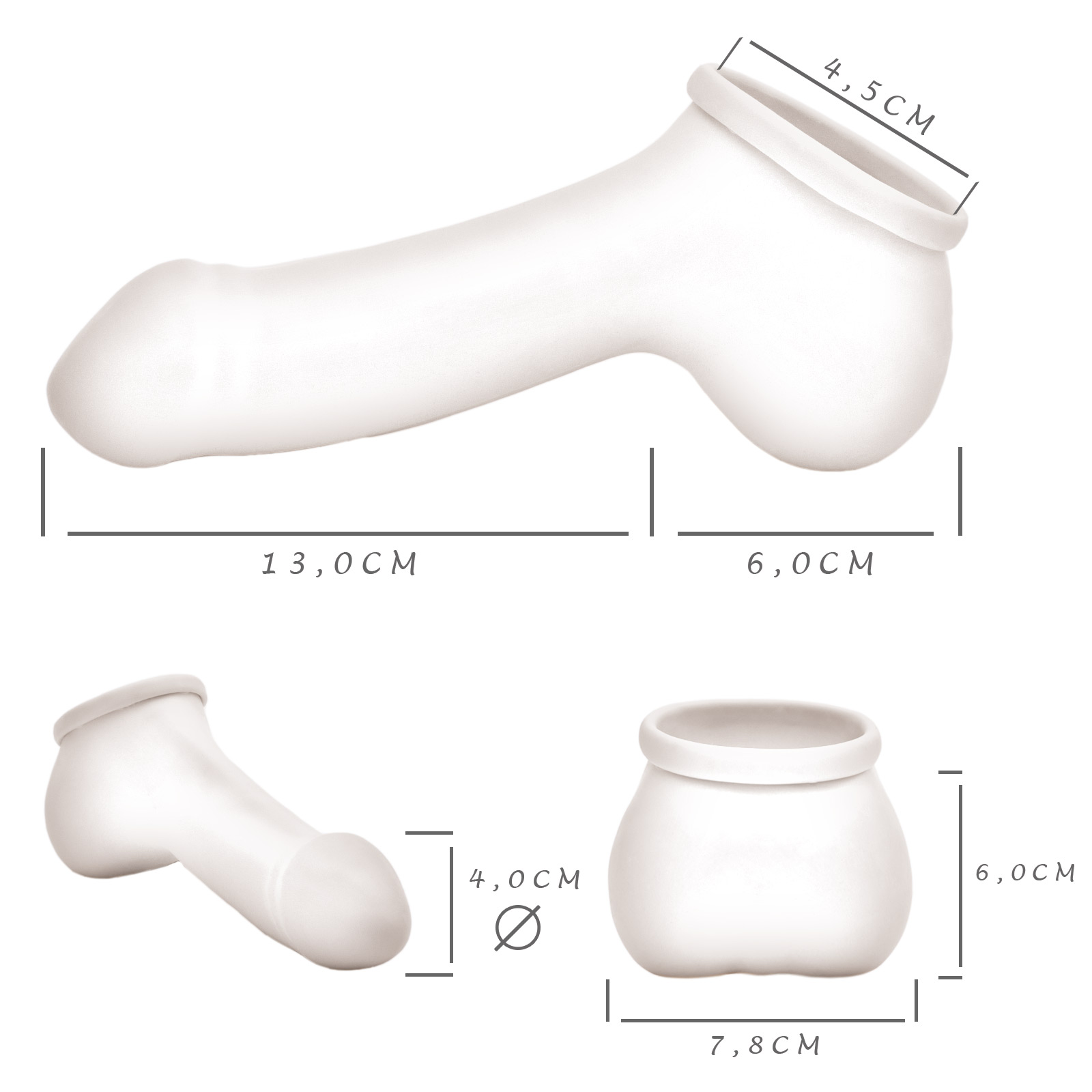 Toylie Latex Penis Sleeve «ADAM 4.5» semi-transparent, with molded glans and scrotum - suitable for vegans