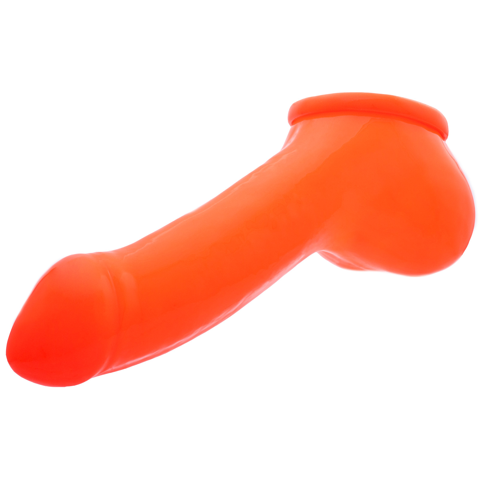 Toylie Latex Penis Sleeve «ADAM 4.5» neon orange (glow effect), with molded glans and scrotum