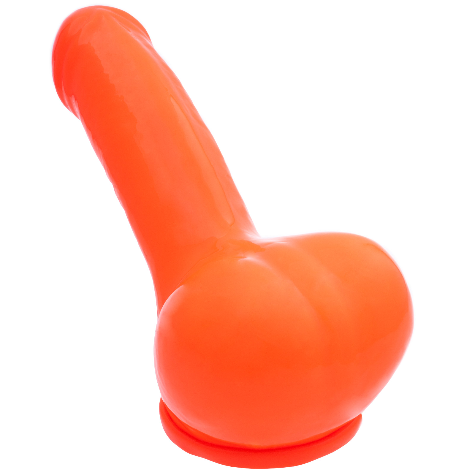 Toylie Latex Penis Sleeve «ADAM 4.5» neon orange (glow effect), with molded glans and scrotum