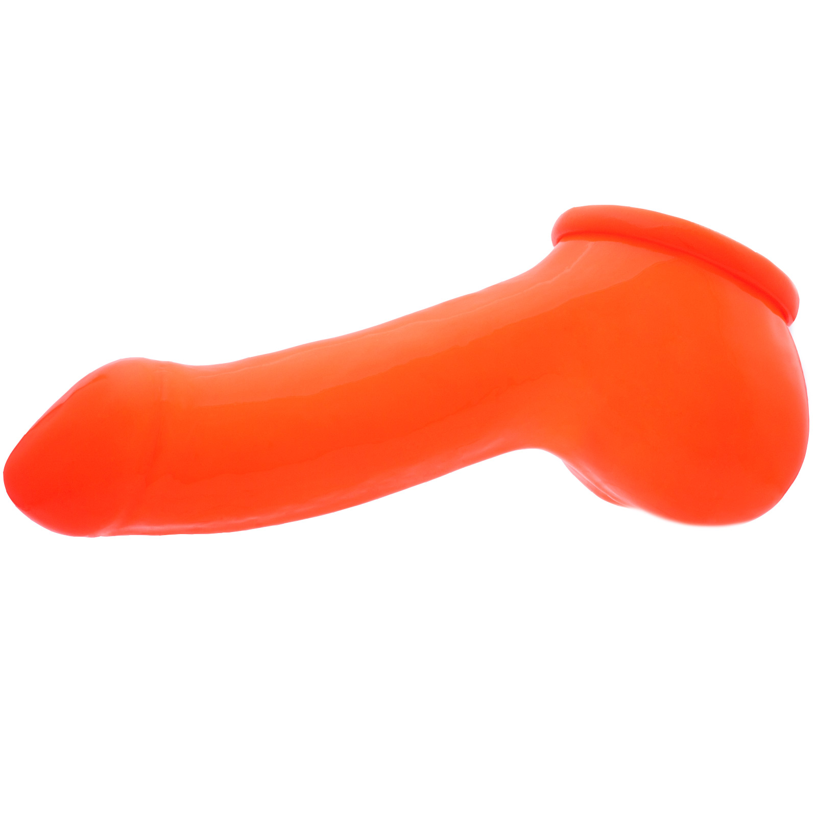 Toylie Latex Penis Sleeve «ADAM 4.5» neon orange (glow effect), with molded glans and scrotum