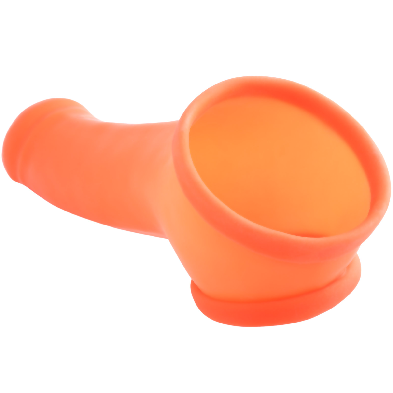 Toylie Latex Penis Sleeve «ERIK» neon orange (glow effect), with molded glans and testicle ring