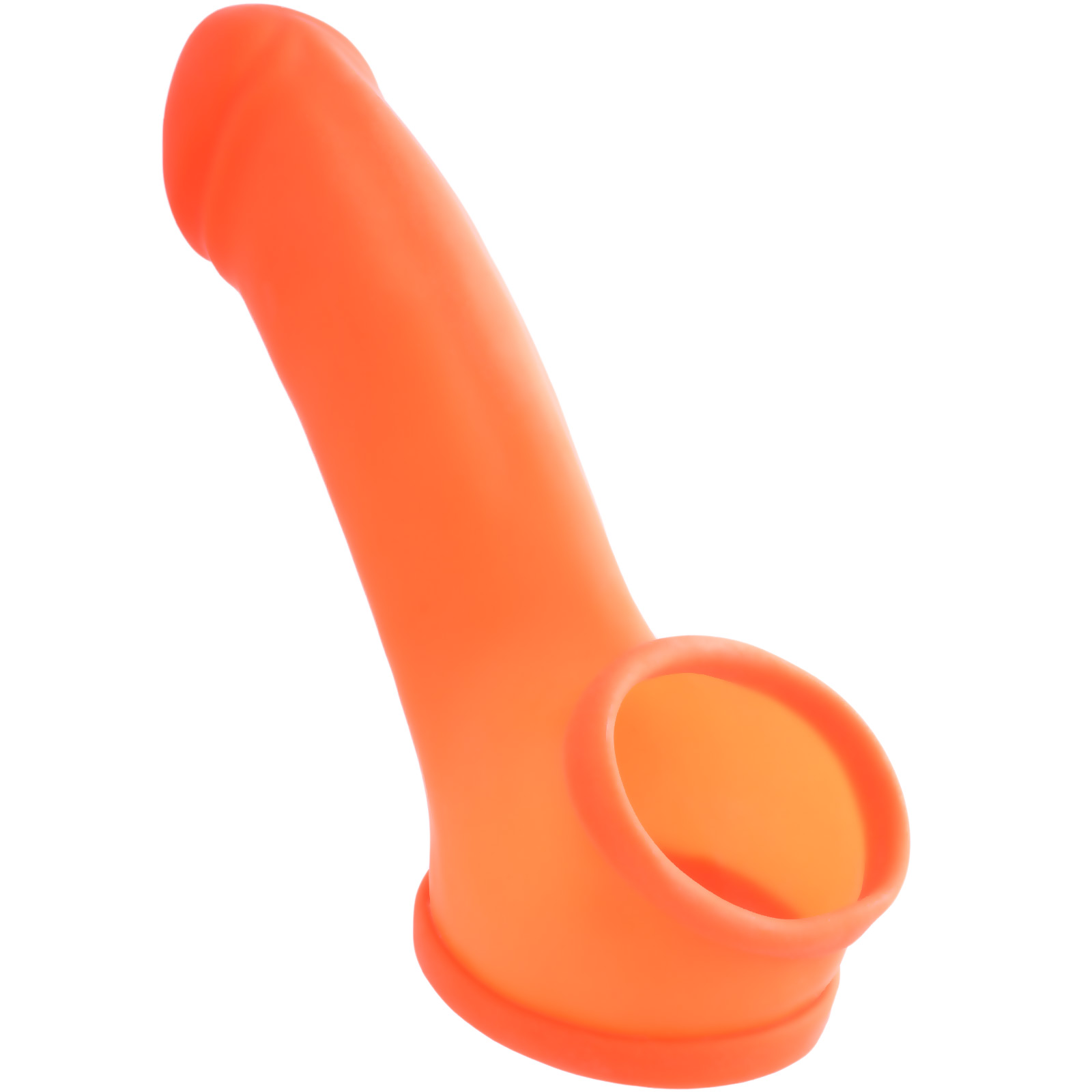 Toylie Latex Penis Sleeve «ERIK» neon orange (glow effect), with molded glans and testicle ring