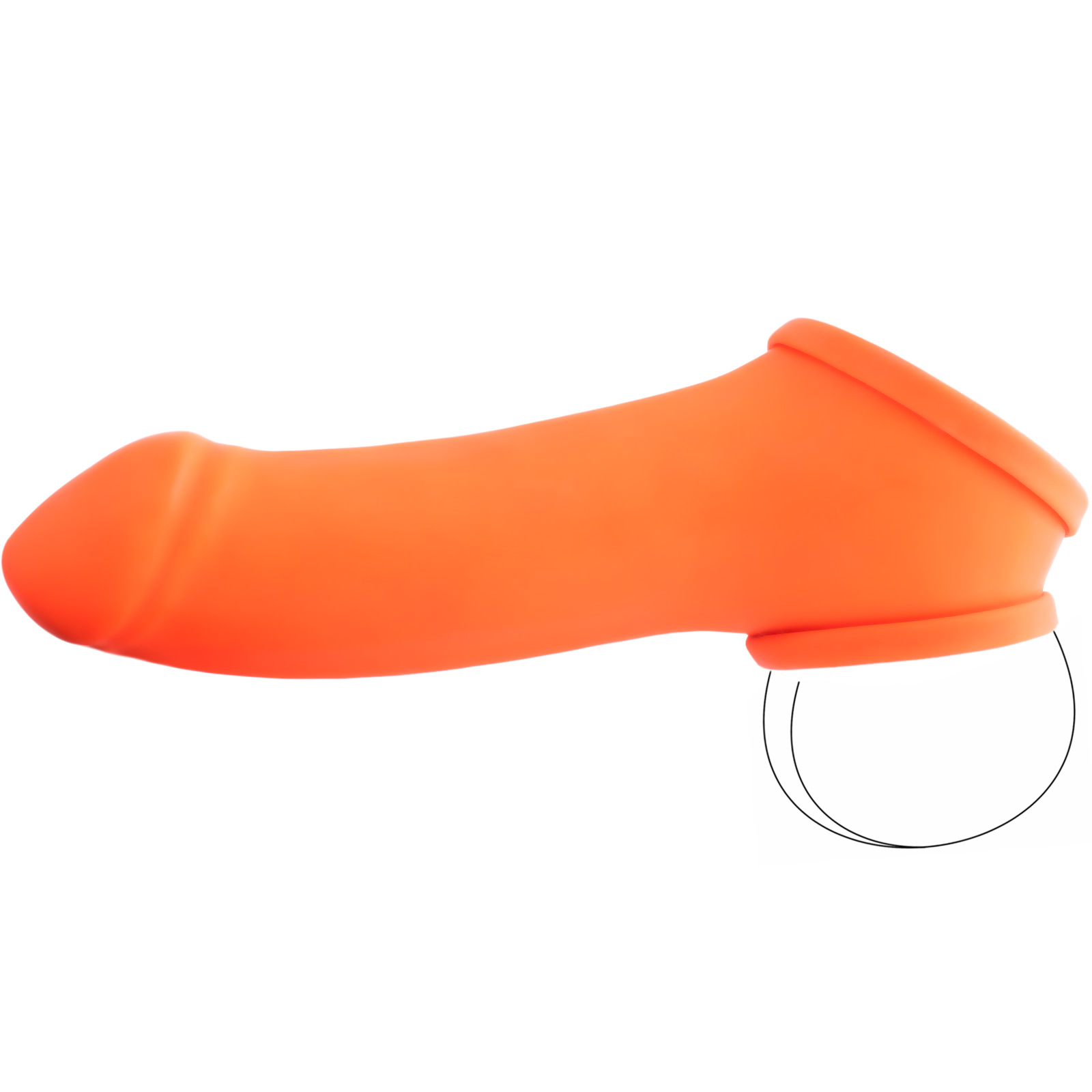 Toylie Latex Penis Sleeve «ERIK» neon orange (glow effect), with molded glans and testicle ring