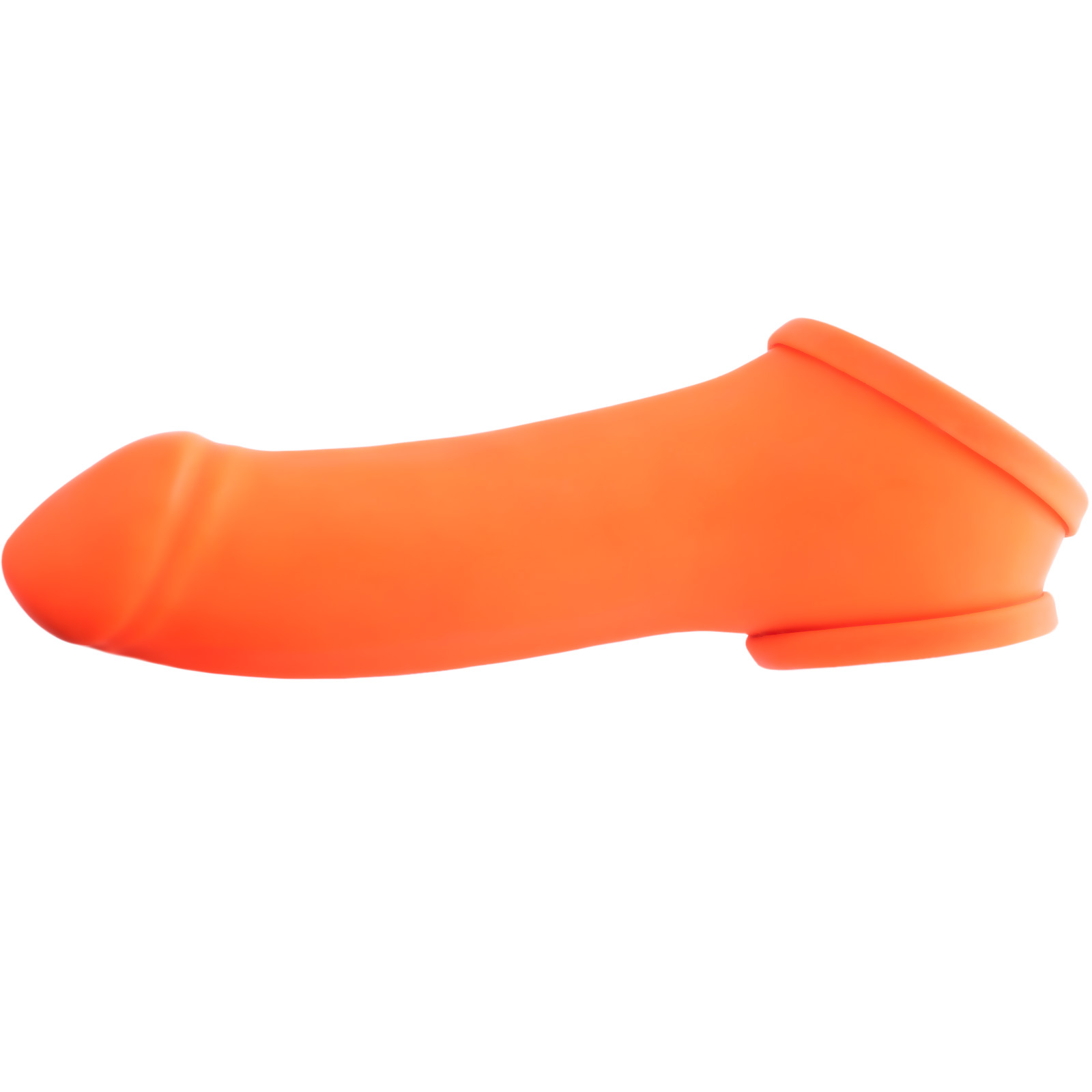 Toylie Latex Penis Sleeve «ERIK» neon orange (glow effect), with molded glans and testicle ring