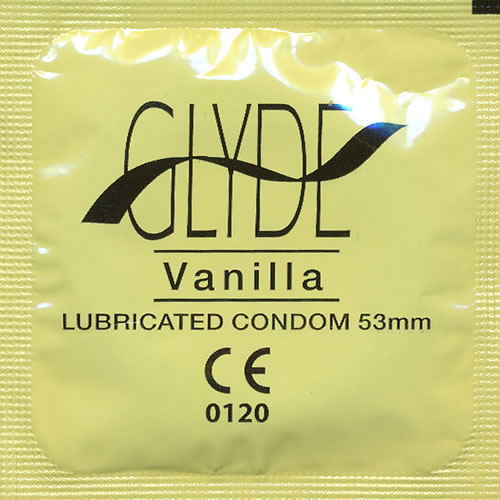 Glyde Ultra «Vanilla» 10 yellow condoms with vanilla flavour, certified with the Vegan Flower