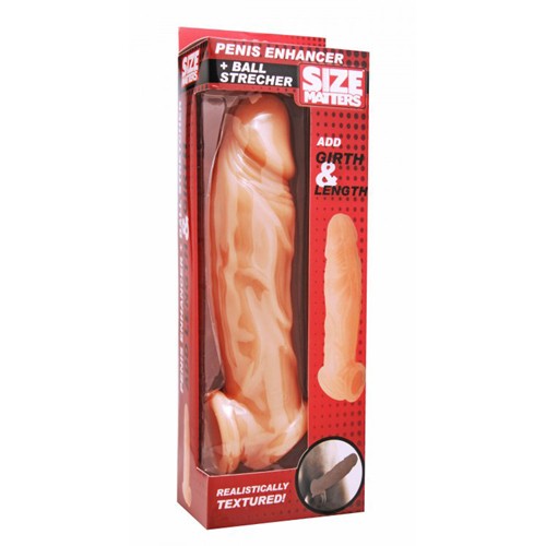 Size Matters «Penis Enhancer + Ball Stretcher» extension sleeve, skin coloured realistic penis sleeve with ballstretcher
