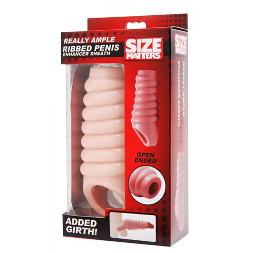 Size Matters «Really Ample Ribbed Penis Enhancer Sheath» extension sleeve, skin coloured penis sleeve with ribs
