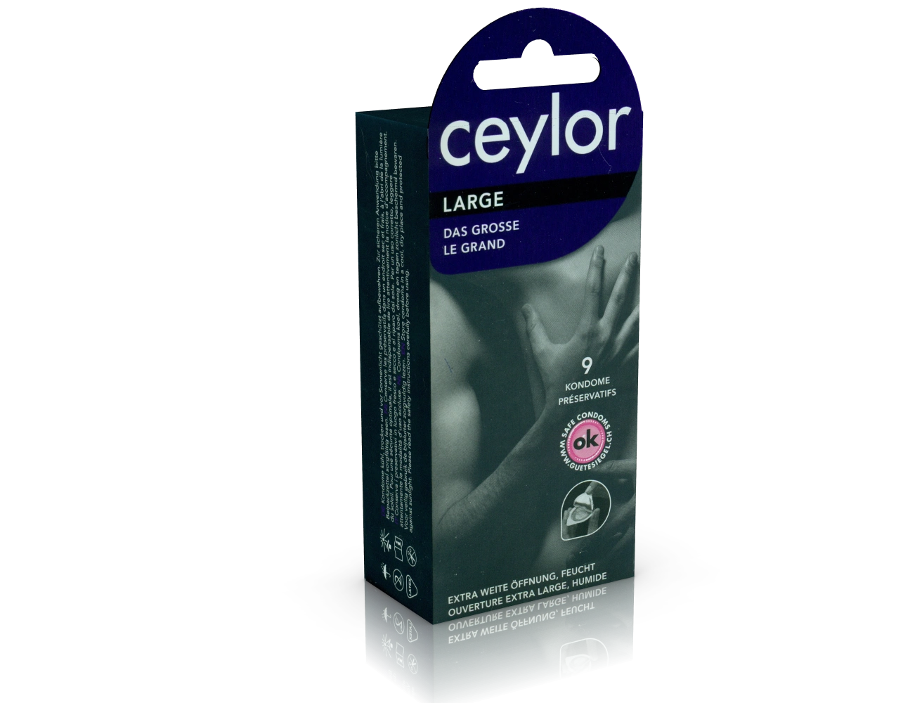 Ceylor «Large» 9 extra wide condoms with cream lubricant, hygienically sealed in condom pods
