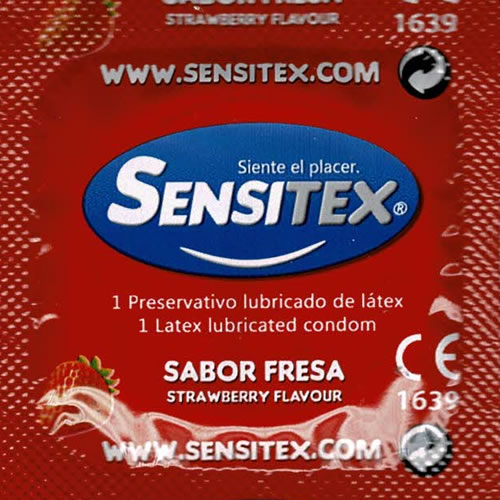 Sensitex «Fresa» (Strawberry), 100 red and vegan strawberry condoms from Spain, bulk pack